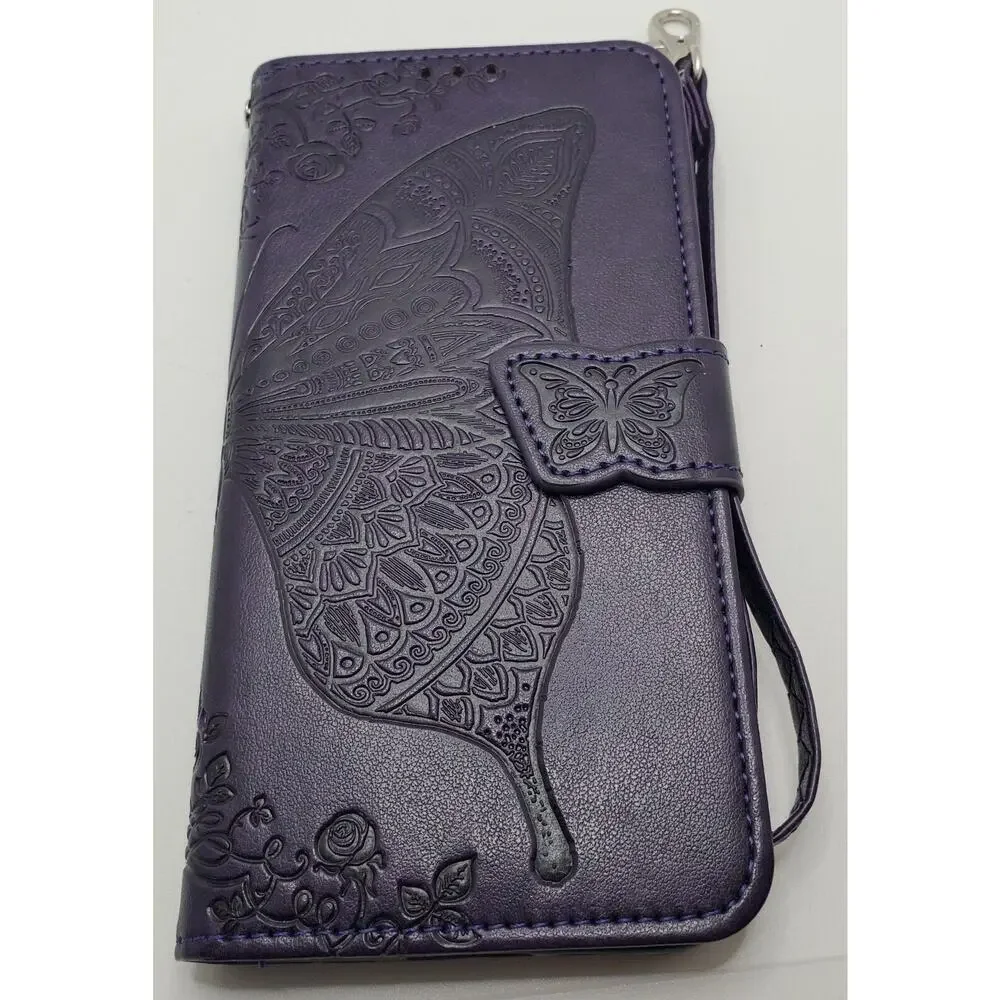 Samsung S23 Plus Wallet Phone Case Dark Purple Butterfly Wristlet Soft Touch